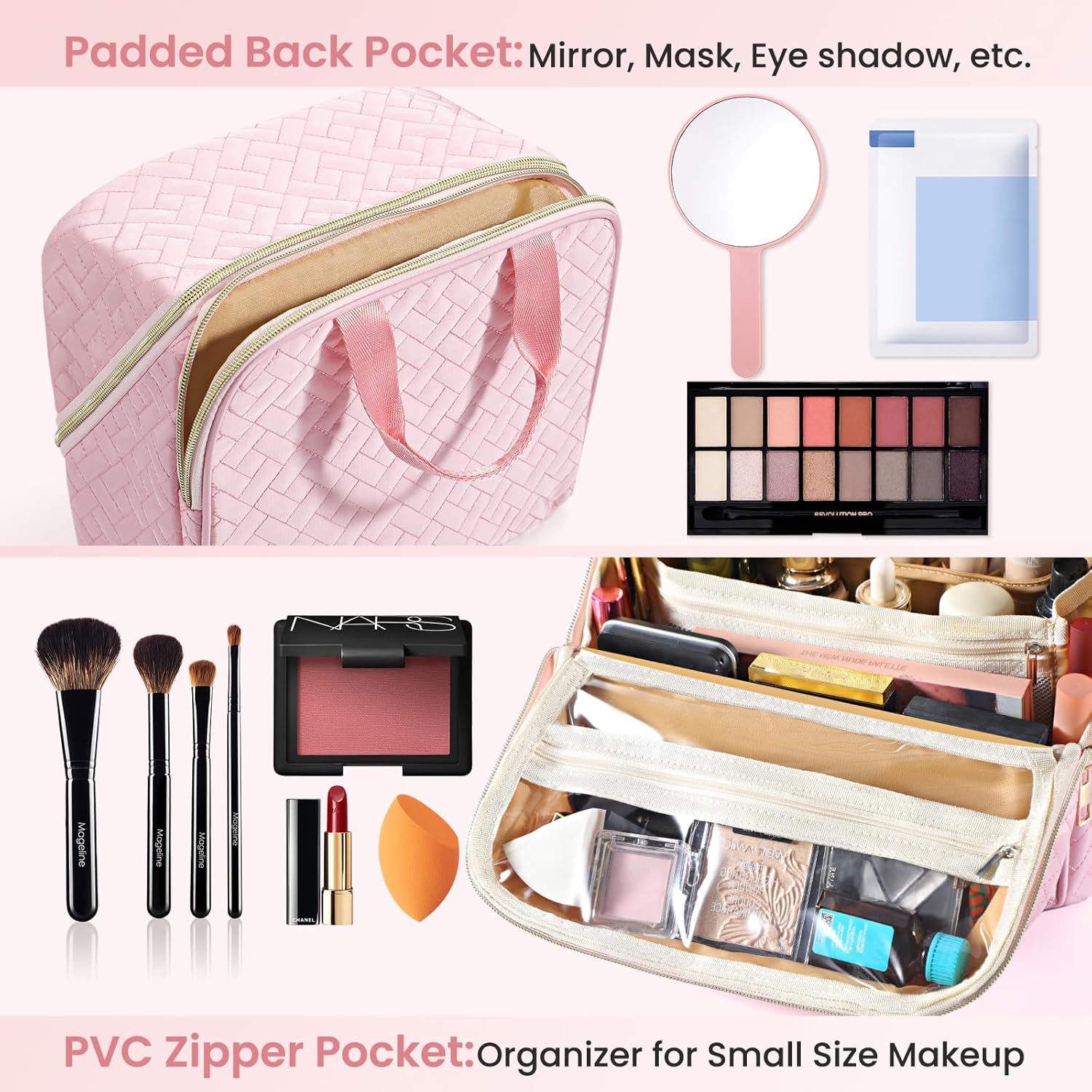 Makeup Bag, Large Capacity with Room for Brushes and Mirror, Travel Makeup Organizer, Portable Standing Make Up Case