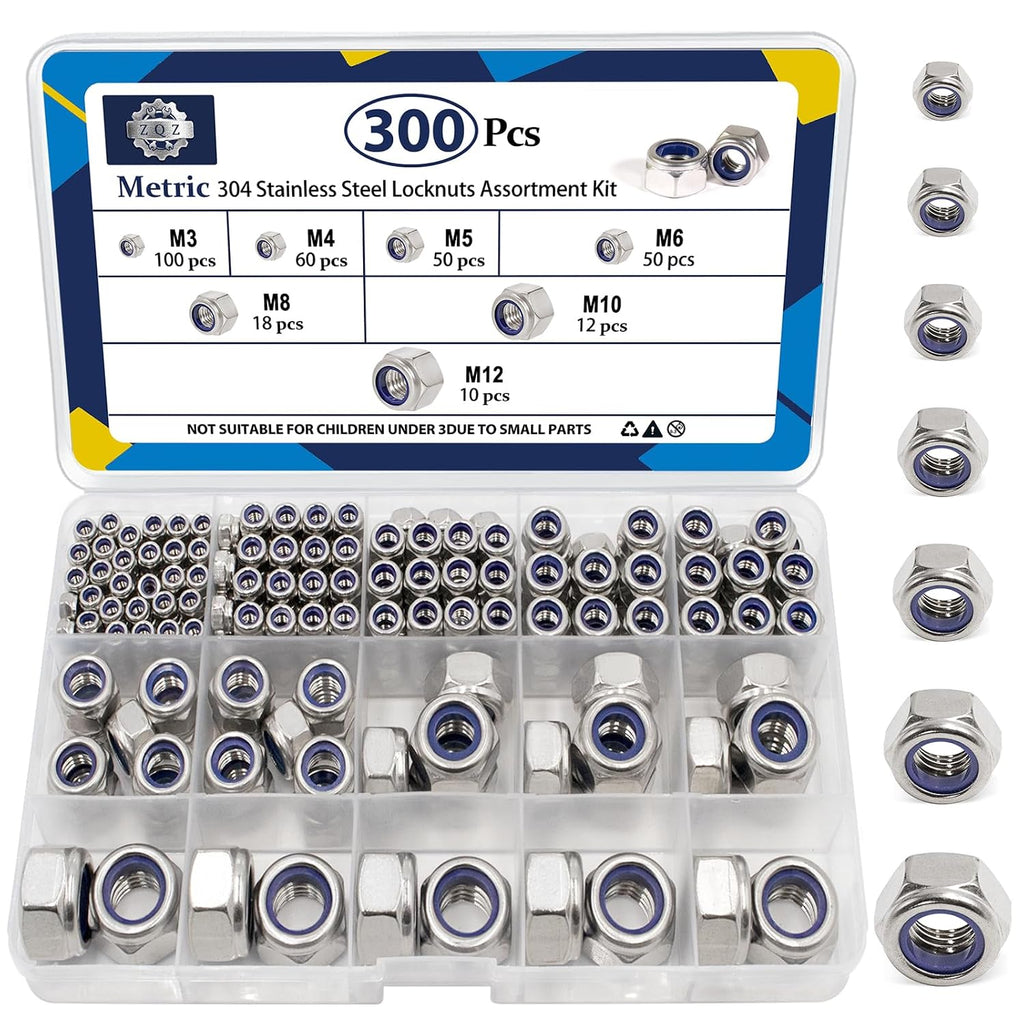 ZQZ 300Pcs Metric Stainless Nylon Lock Nuts Assortment Kit; M3-M12 Locknut