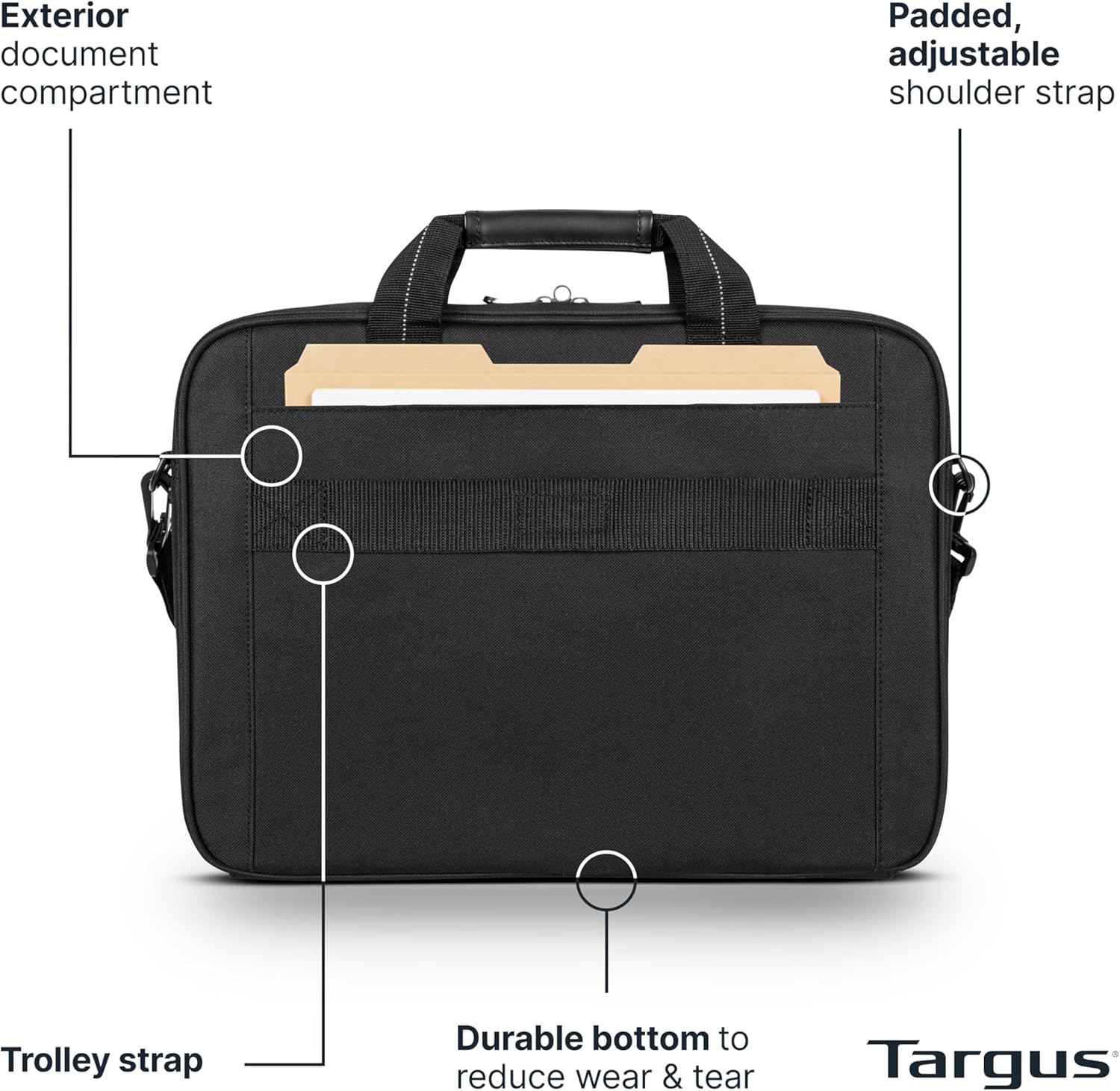 15-16 Inch Slim Lightweight Laptop Briefcase, Black - Messenger and Shoulder Bag with Padded Compartment and Trolley