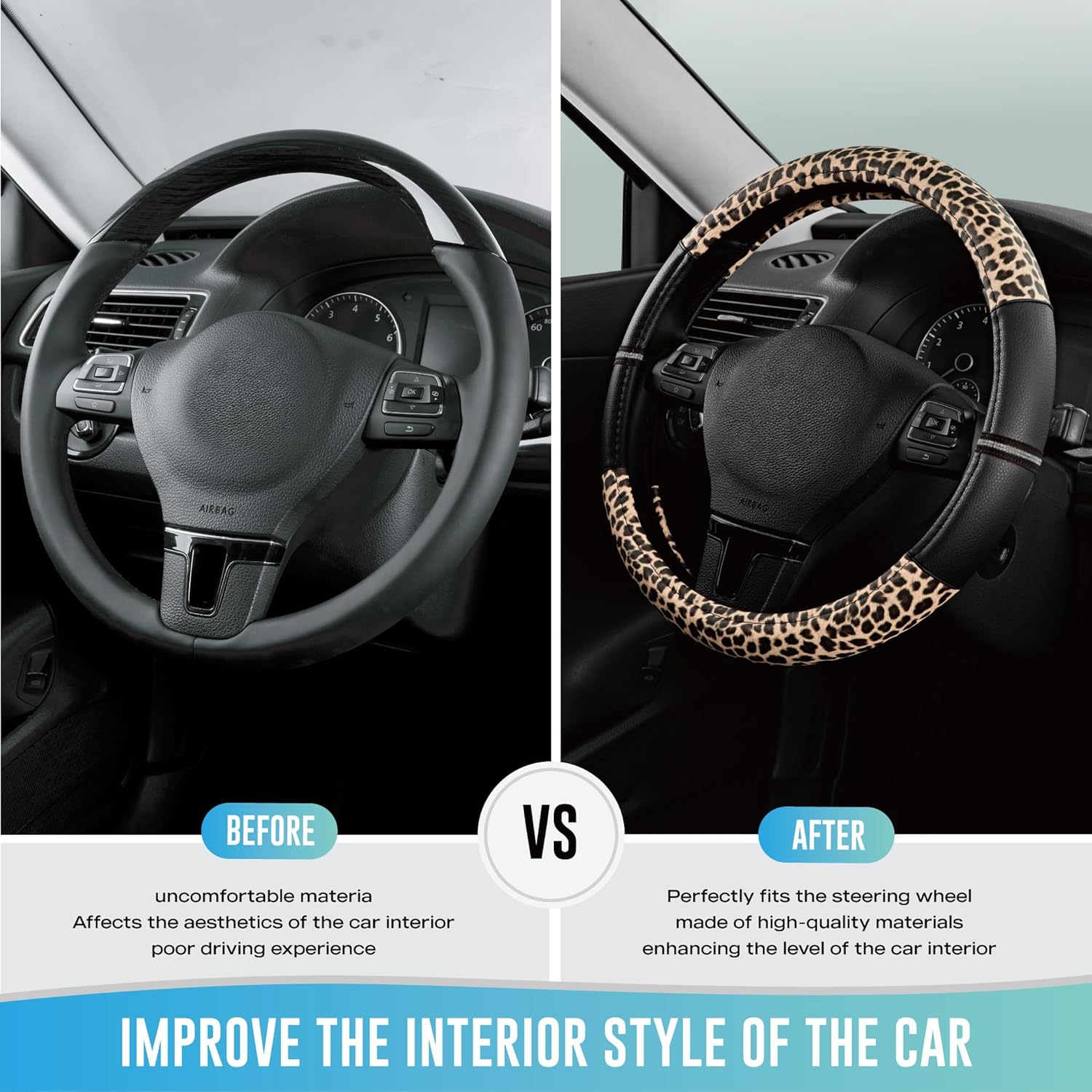 Leopard Steering Wheel Cover - Made with PVC Leather Cheetah Print - Anti-Slip, Universal Fit 14 1/2 inches to 15