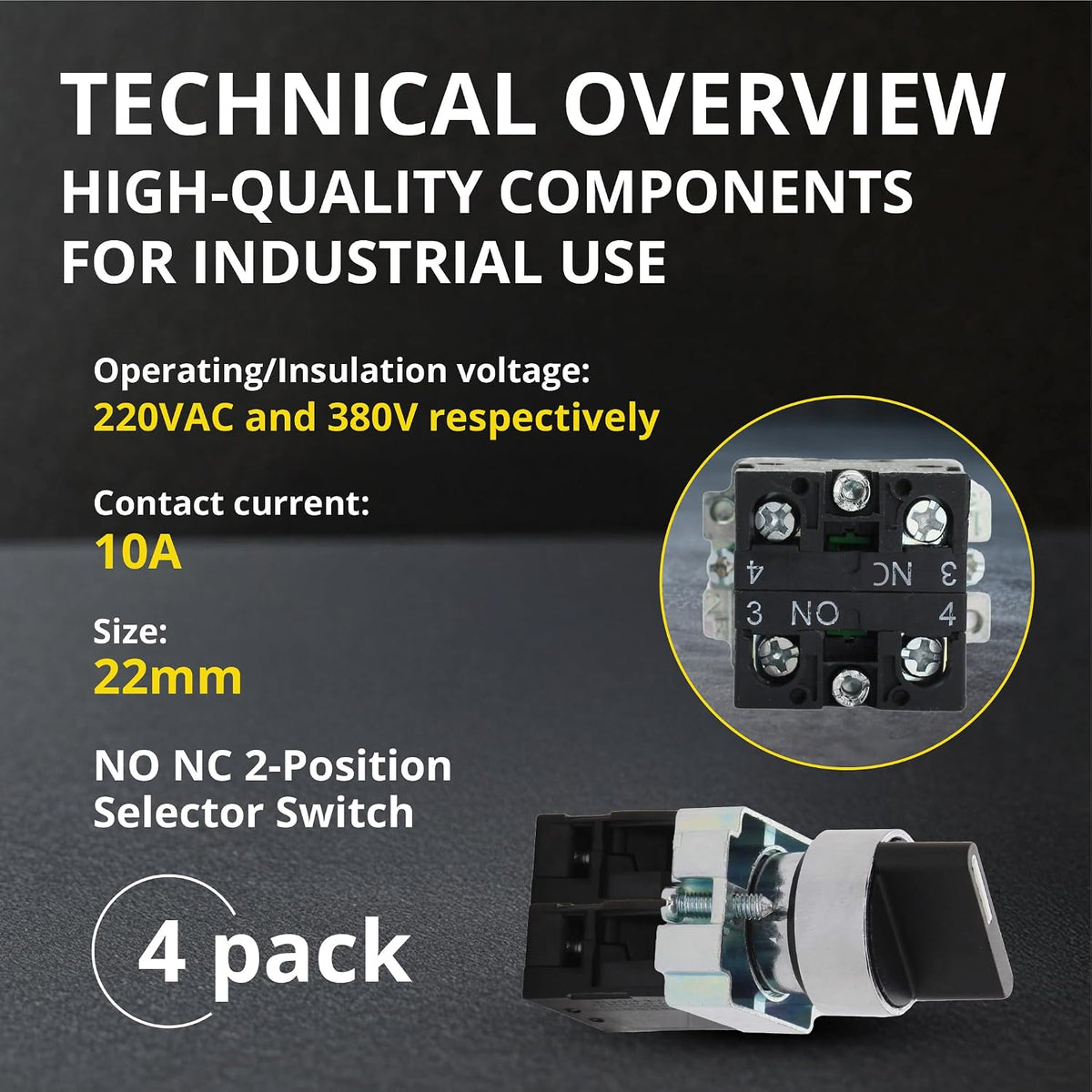 Rotary Switch 2 Position Selector Switch Maintained, 4 Pack