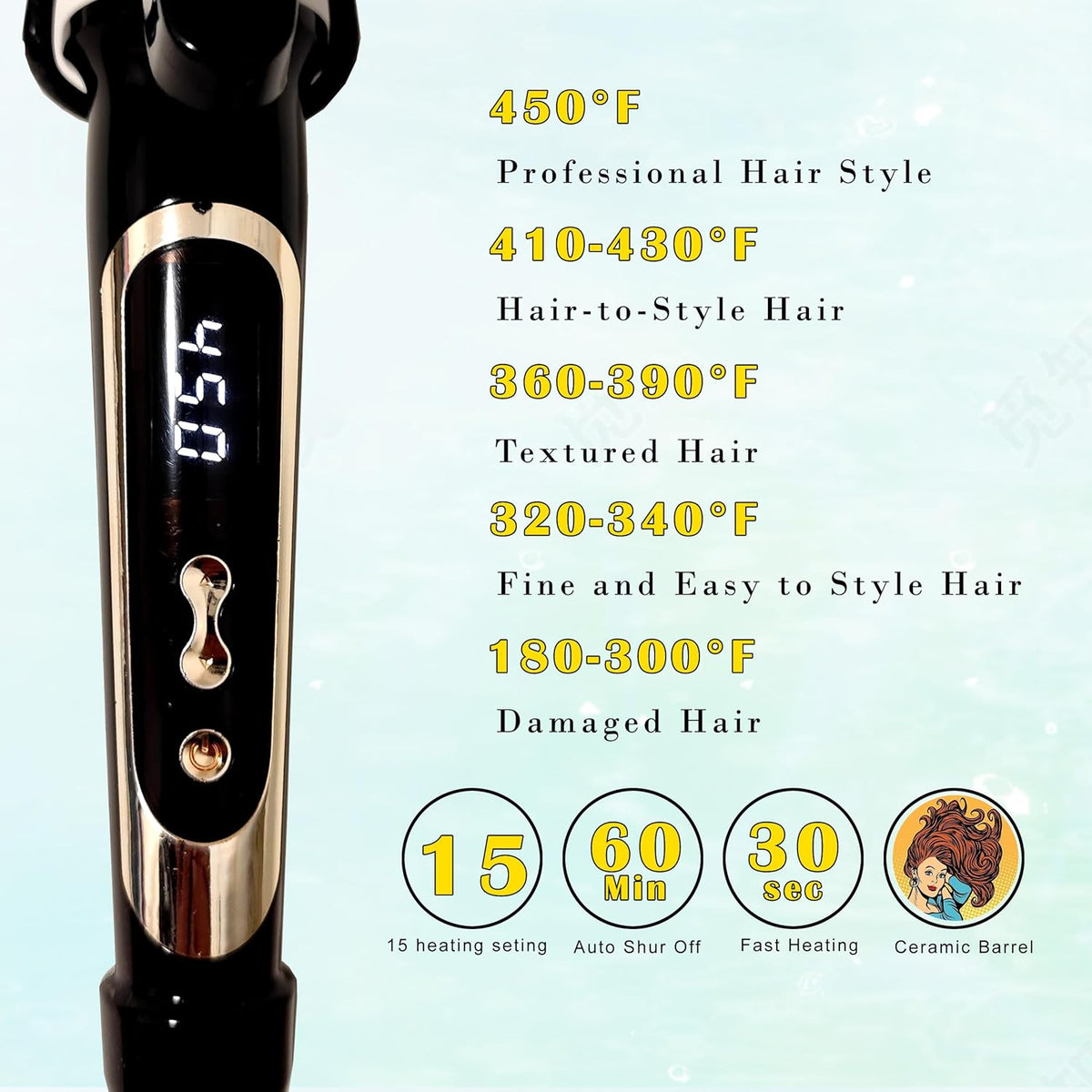 1 Inch Curling Iron Extra Long Barrel with Clamp Instant Heatup to 450F | Ceramic Coating with LCD Display, Hair