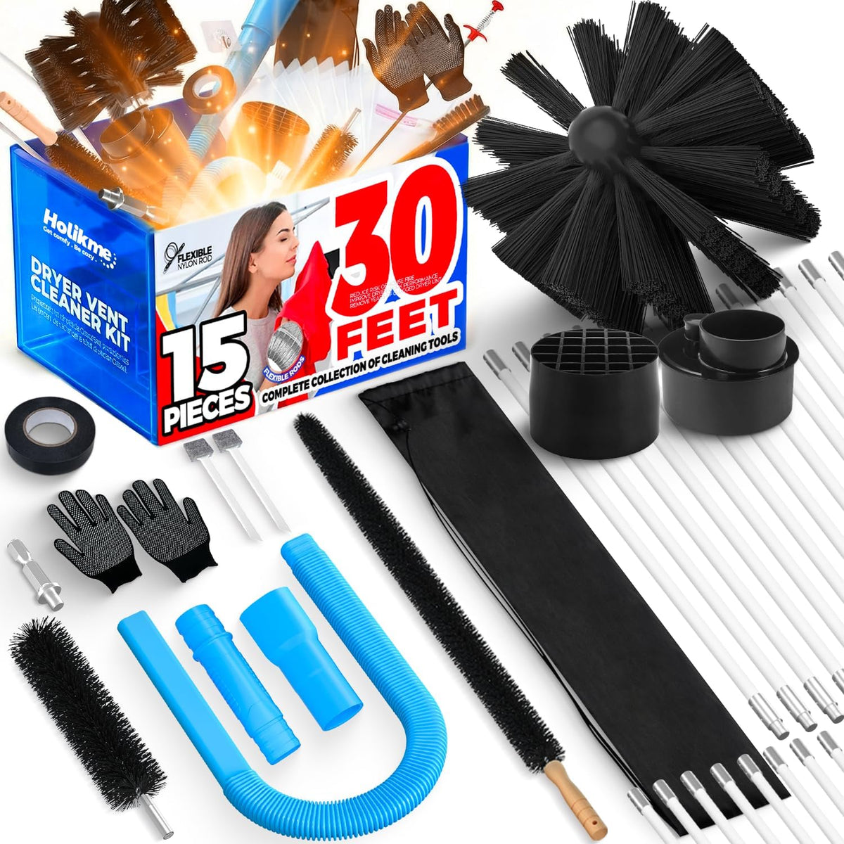 30FT Dryer Vent Cleaner Kit 15Pcs - Lint Remover Brush Vacuum Tools