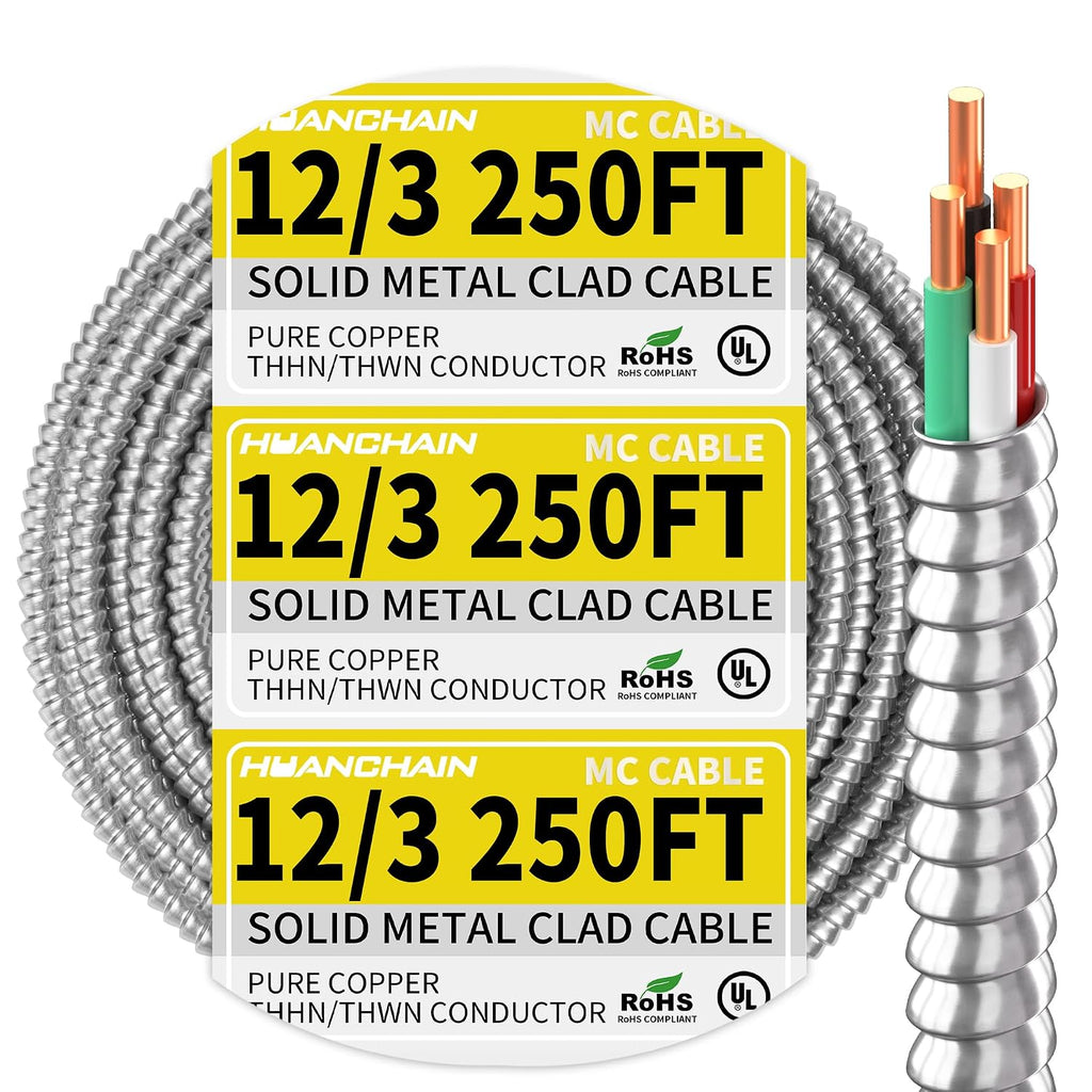 HUANCHAIN 12/3 MC Cable 250FT Solid Copper Wire with Aluminum Armor