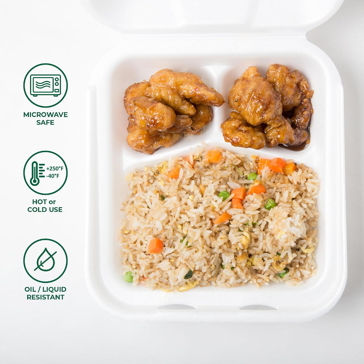 Compostable Clamshell Food Containers [8x8"] 3-Compartment 50-Pack, Disposable Containers, Biodegradable Sugarcane to