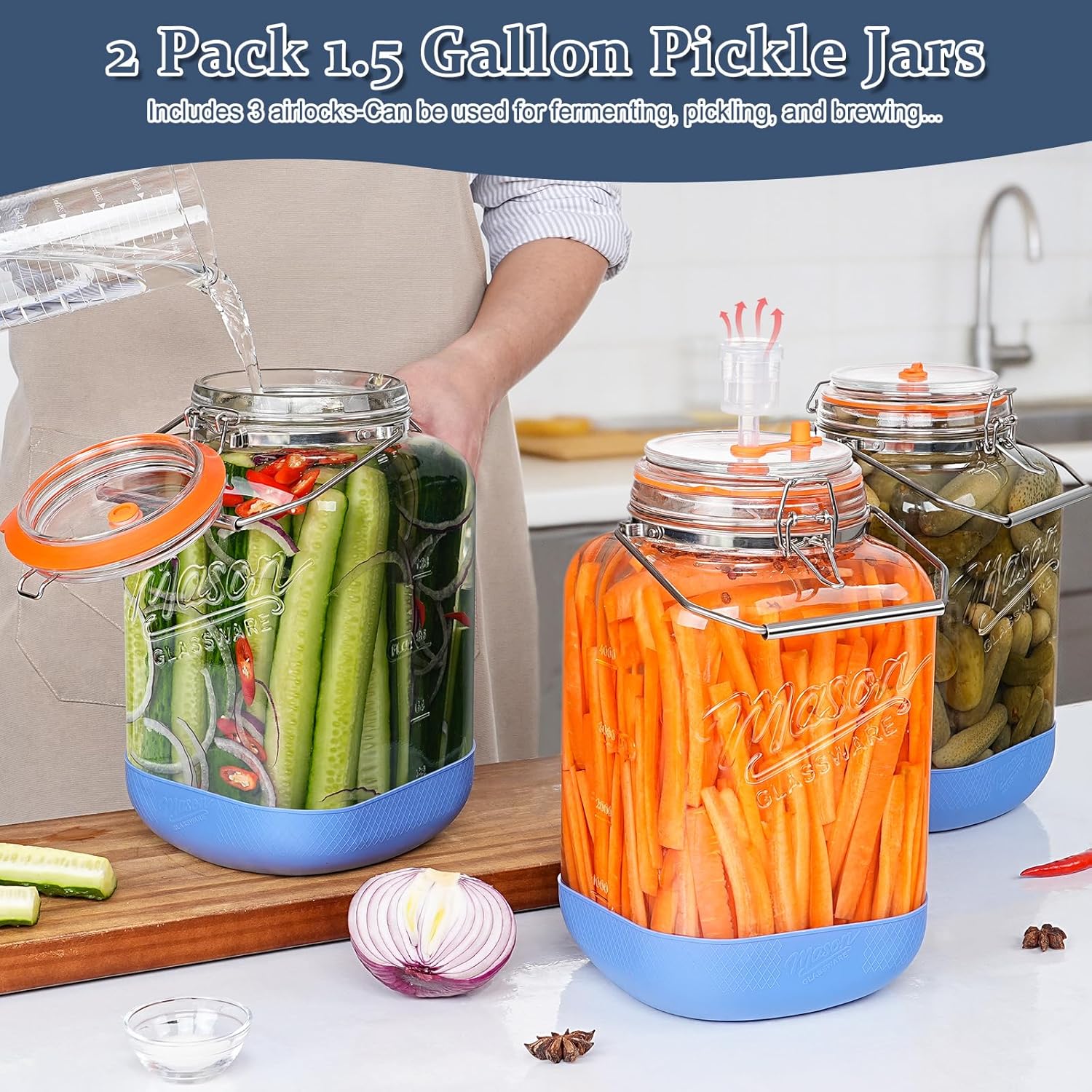 1.5 Gallon Fermentation Jar, Pickling Jars for Sourdough Starter | 3 Airlock, Stainless Steel Handle, 4.3” Wide