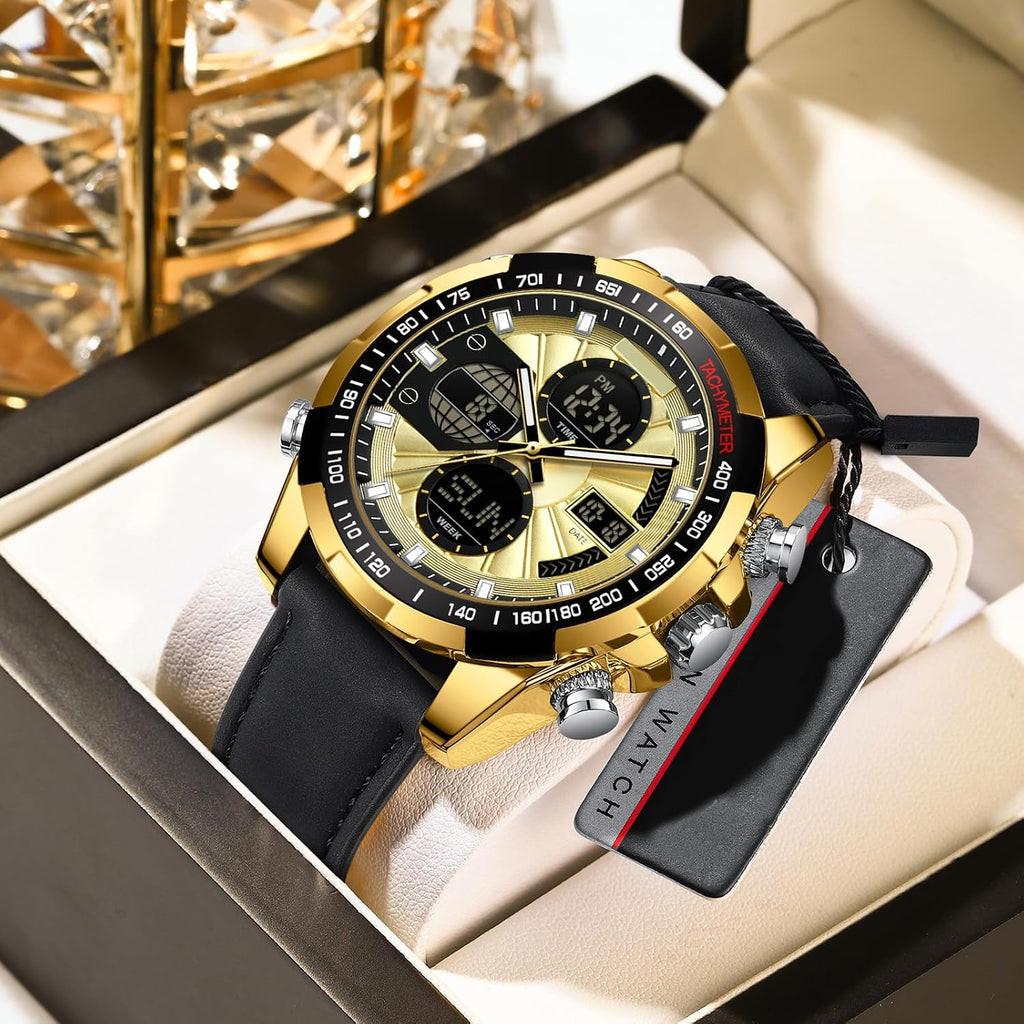 Mens Watch Digital Military Watches Leather Strap Alloy Case Waterproof Analog Watch Luxury Dress Sport Designer