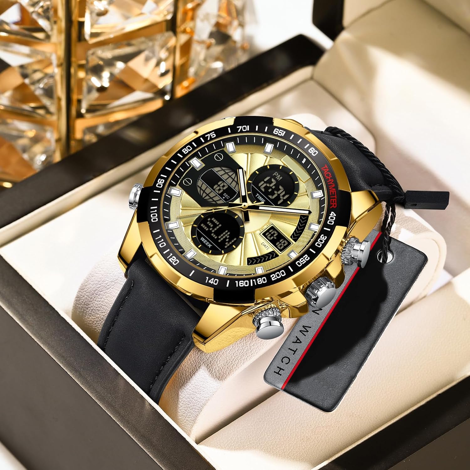 Mens Watch Digital Military Watches Leather Strap Alloy Case Waterproof Analog Watch Luxury Dress Sport Designer