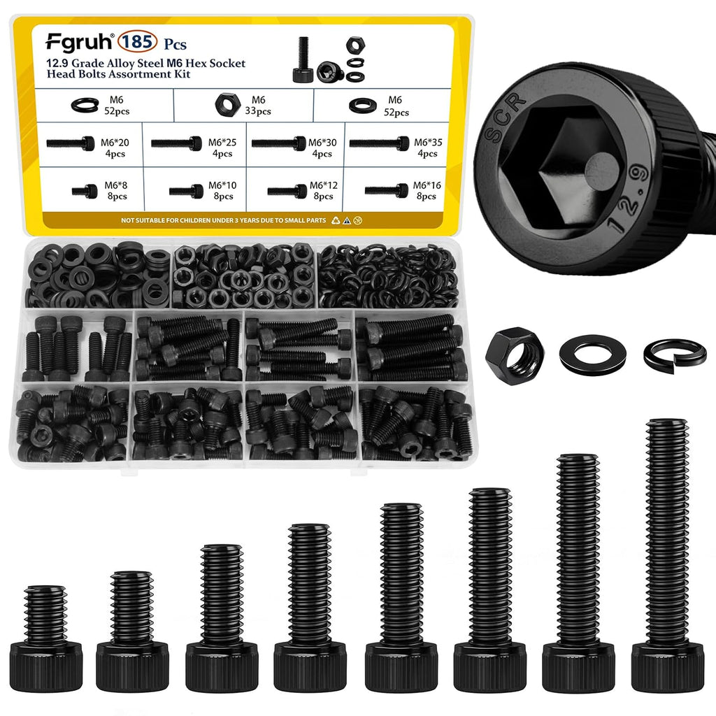 185PCS M6 Socket Screws Assortment Kit, M6x8/10/12/16/20/25/30/35 mm