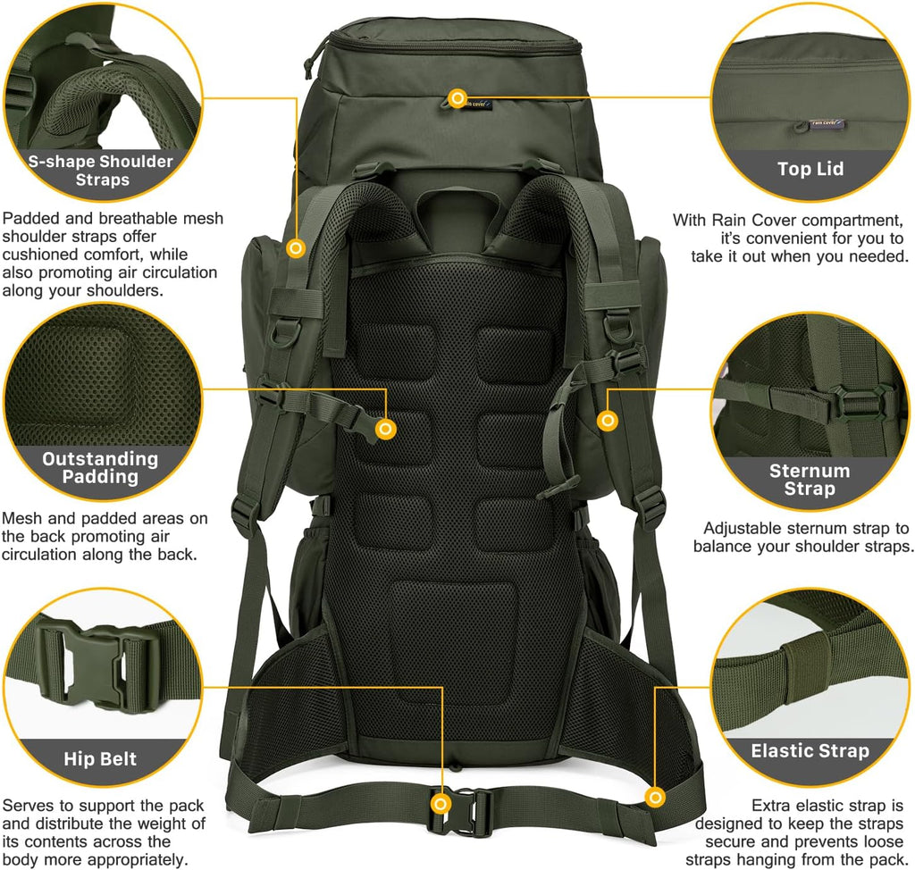 60L Military Internal Frame Backpack for Hiking,Camping,Hunting,Rucksack Backpack with Rain Cover