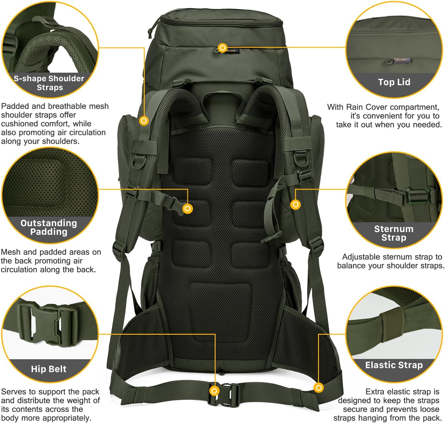 60L Military Internal Frame Backpack for Hiking,Camping,Hunting,Rucksack Backpack with Rain Cover