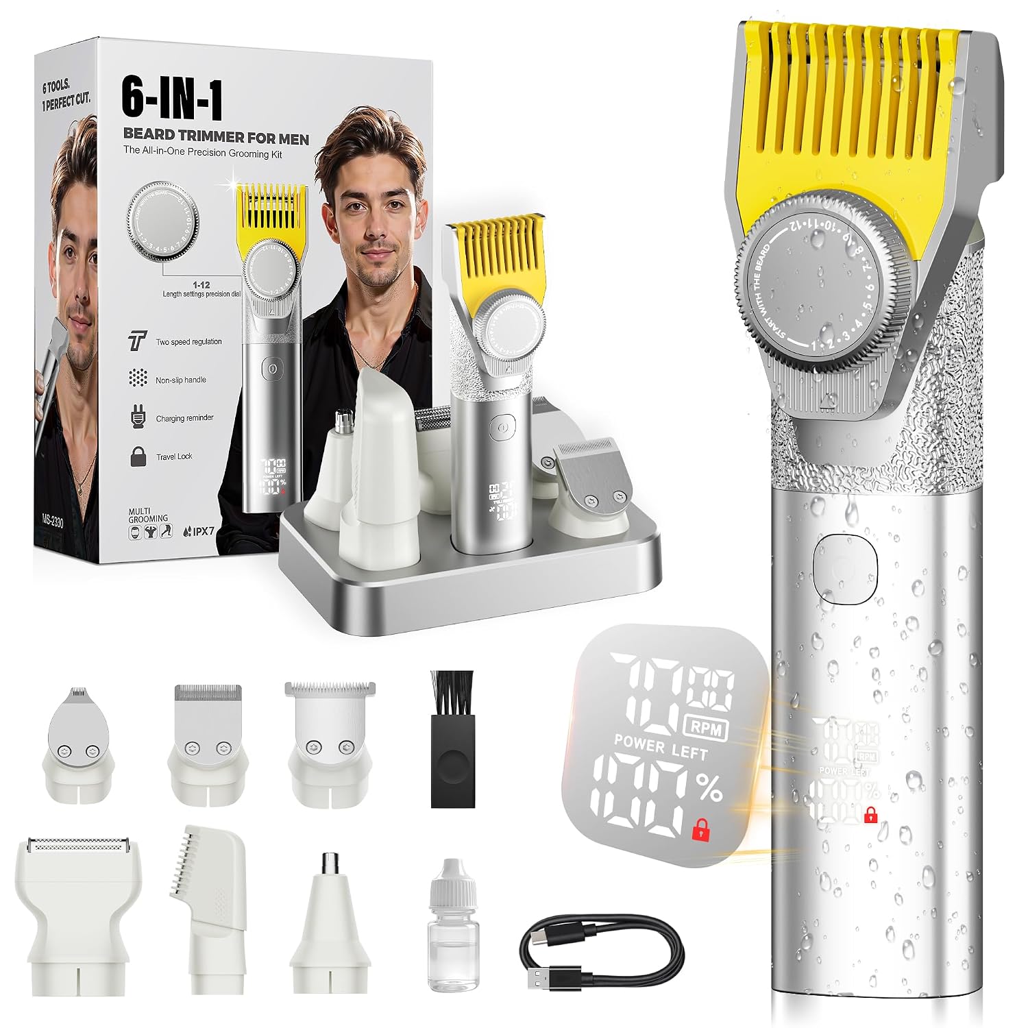 Beard Trimmer for Men, 6-in-1 Men's Grooming Kit,IPX7 Waterproof Wet/Dry, 2-Speed electric razor for men, Easy-Swap