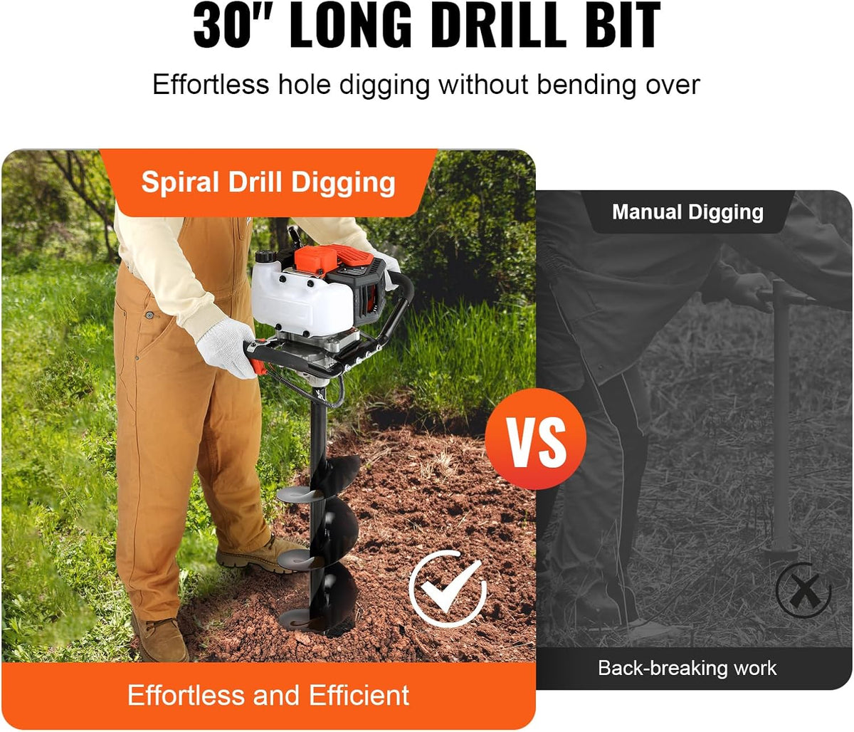 Post Hole Digger, 43cc 1250W Auger Post Hole Digger, Gas Powered Earth Digger with 8" Earth Auger Drill Bit, 30 inch
