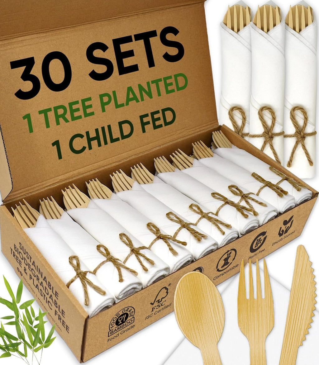 Premium Pre-Rolled Napkin and Bamboo Cutlery Set, 30 Pack, 120 PCS