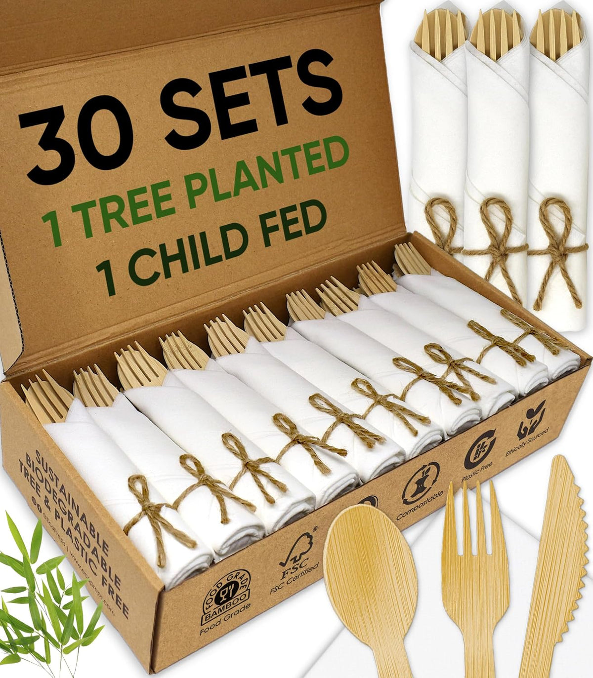 Premium Pre-Rolled Napkin and Bamboo Cutlery Set, 30 Pack, 120 PCS