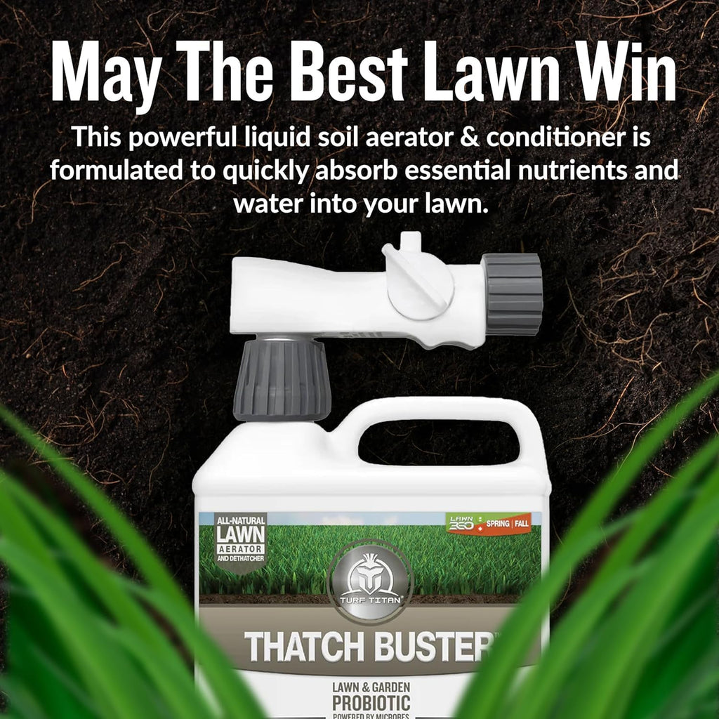 Thatch Buster Liquid Lawn Aerator and Dethatcher (32 oz) with Hose End Sprayer – Liquid Soil Loosener for Compacted &