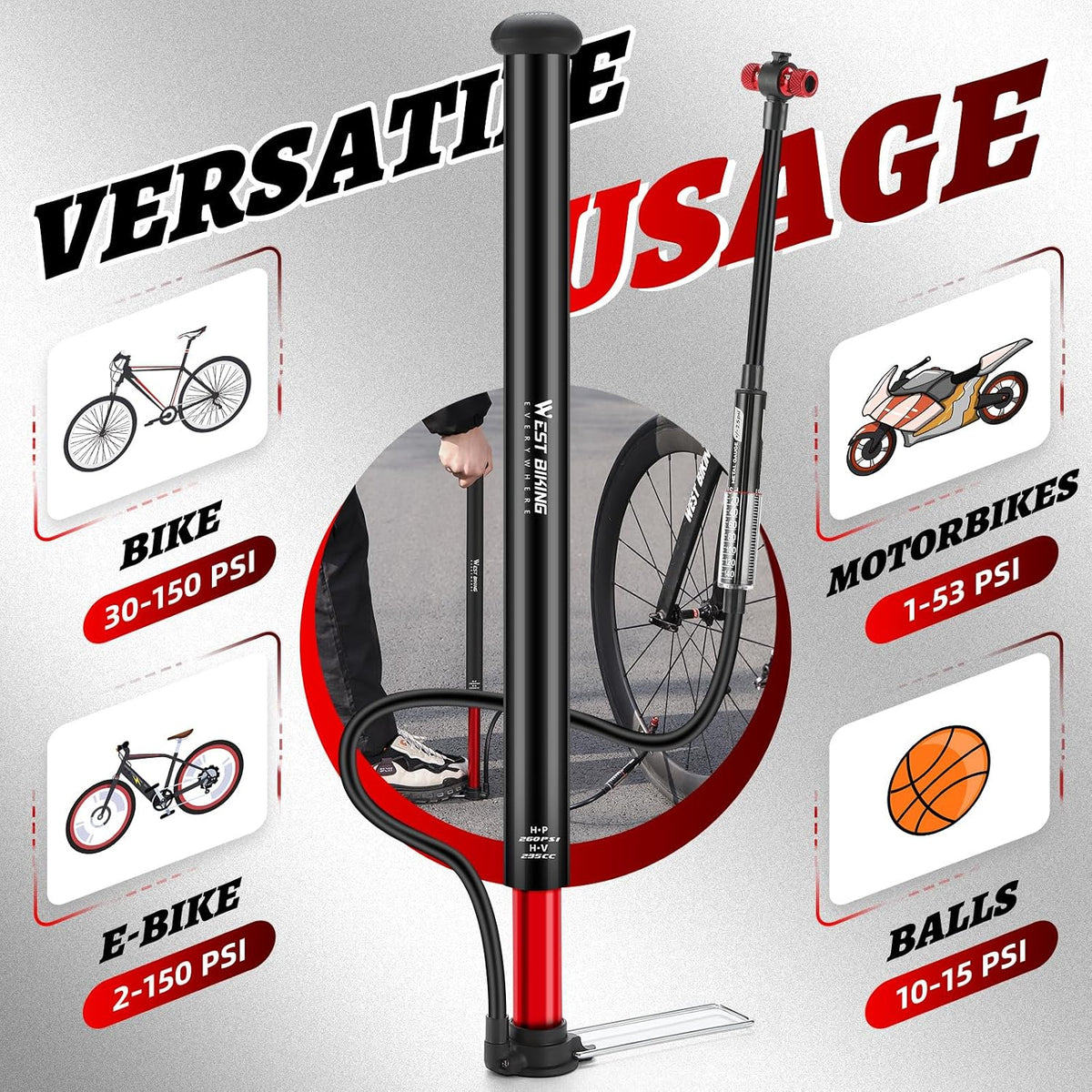 Updated Bike Pump with Gauge, High Pressure 260Psi, Bicycle Floor Pump Inflator for Road Bike MTB