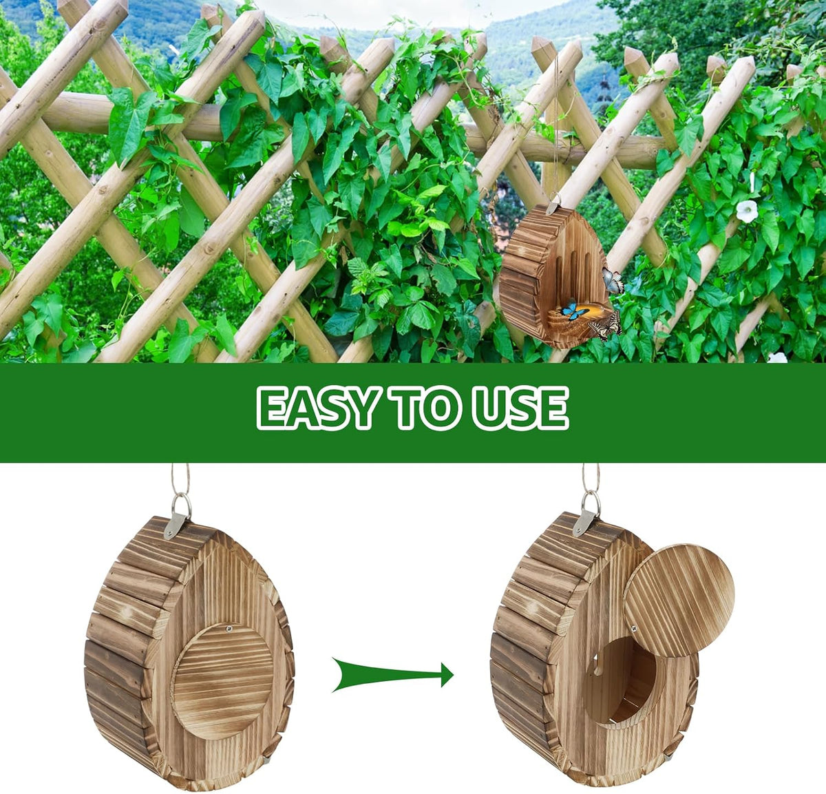 Wooden Butterfly House and Feeder, Butterfly Habitat Nesting Box, Natural Hanging Garden Outside Decoration
