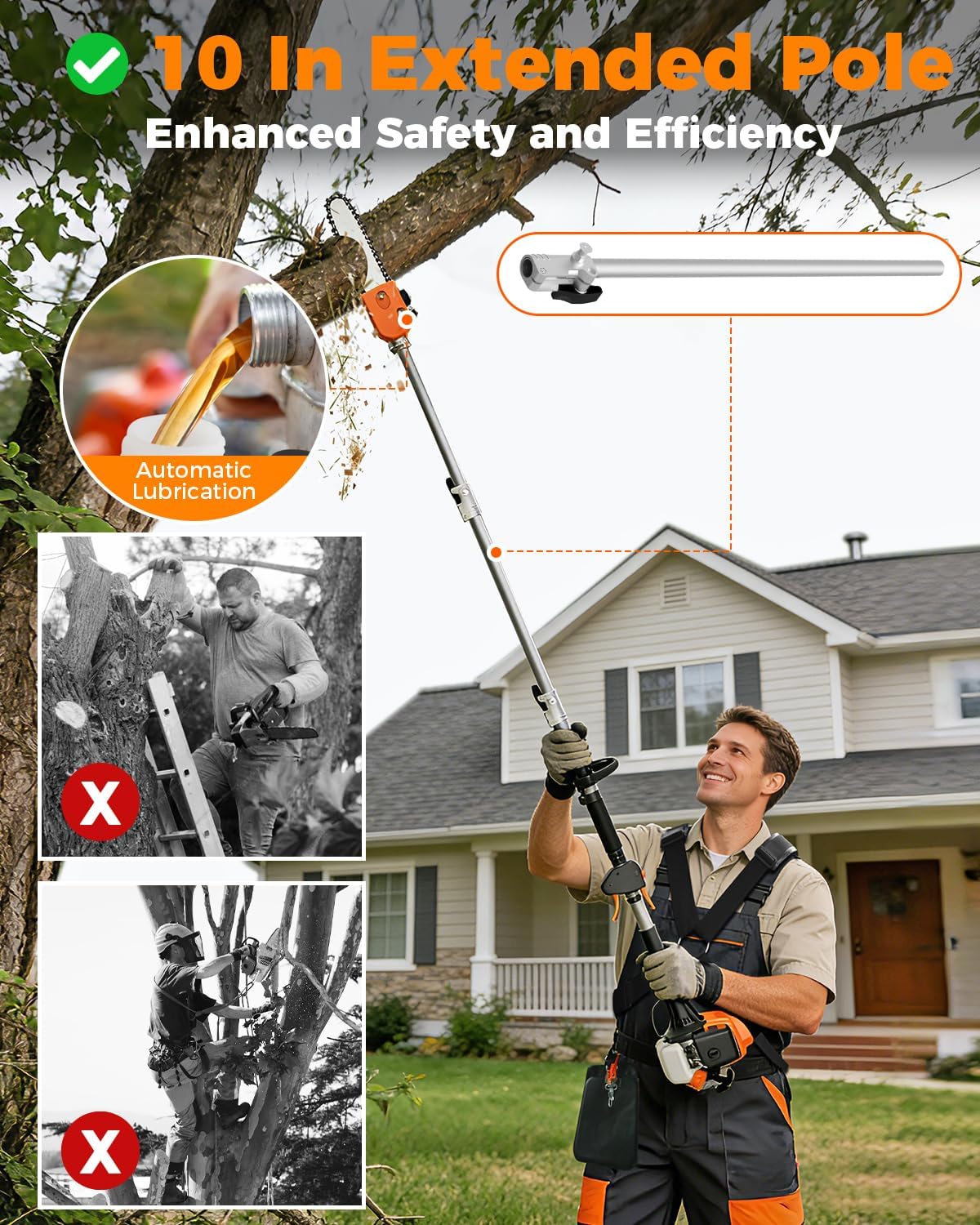 26CC Gas Pole Saw – Extendable 6.9-9.5 FT Gas-Powered Tree Trimmer, 10" Chainsaw Bar, 90° Adjustable Head, Cuts