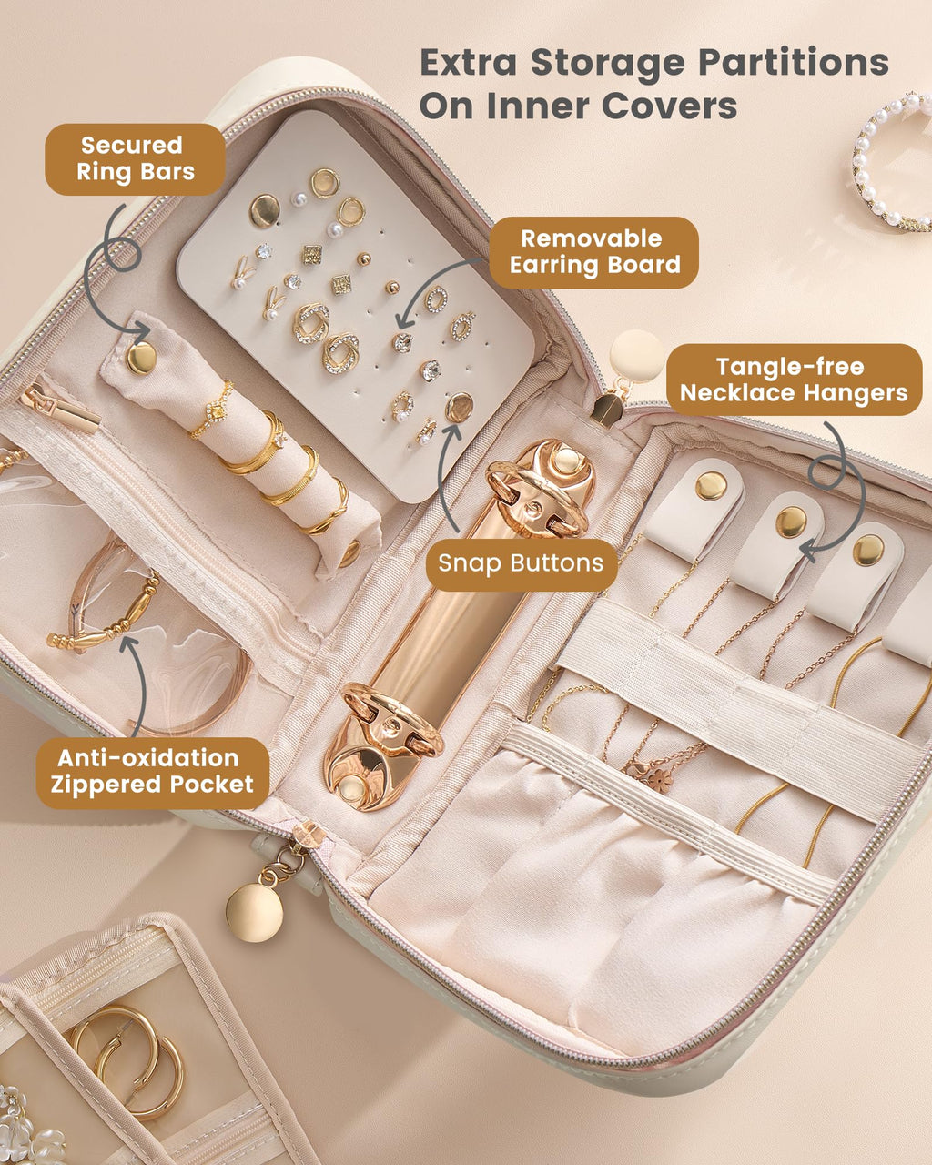 Travel Jewelry Case, Medium Jewelry Storage Binder Organizer -Beige