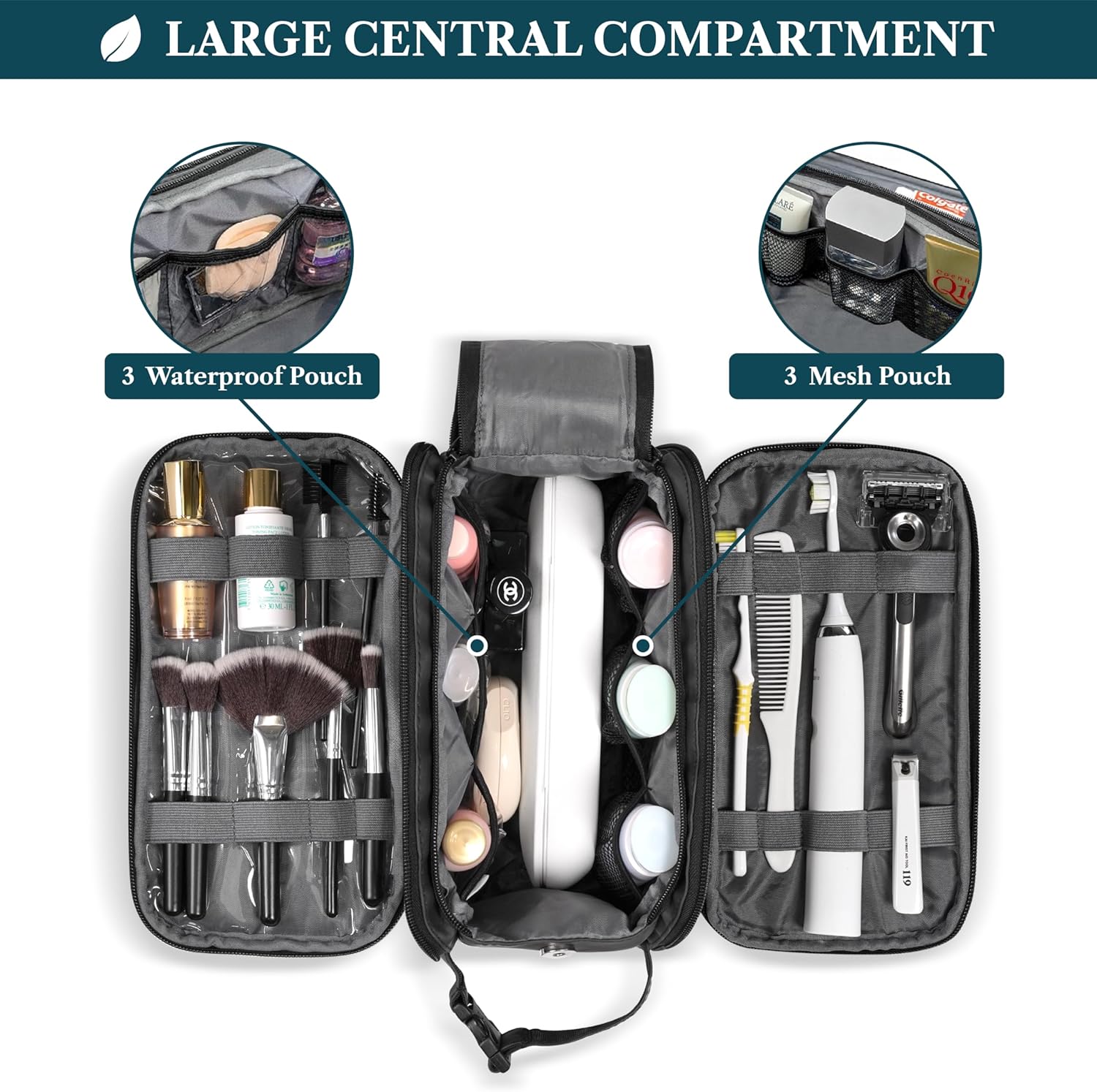 Toiletry Bag for Men, Hanging Travel Dopp Kit Organizer, PU Leather Water Resistant Bathroom Bag for Shaving