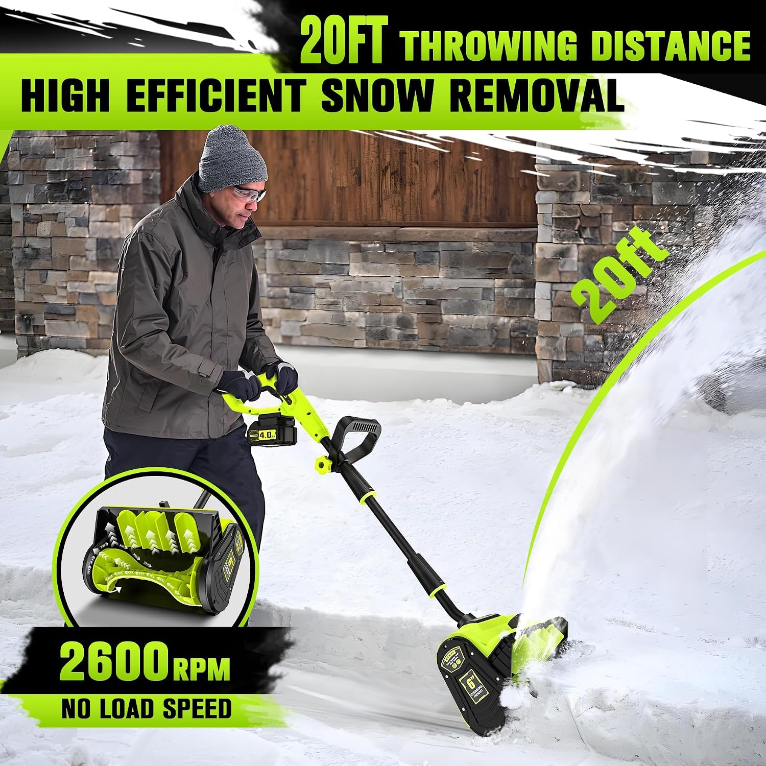 40V Cordless Snow Shovel, 13 Inch 4.0Ah Electric Snow Shovel with Directional Plate, Brushless Cordless Snow Blower