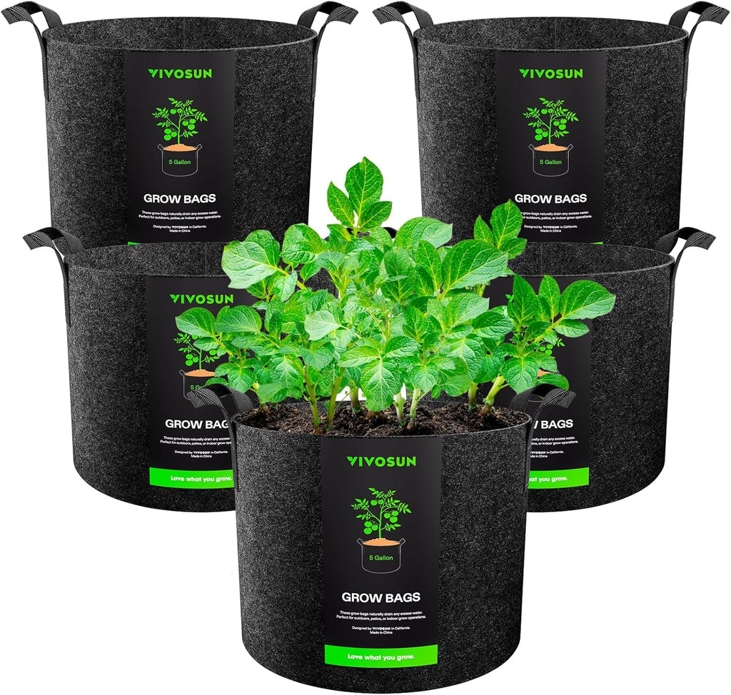 VIVOSUN 5-Pack 5 Gallon Plant Grow Bags Fabric Pots with Handles | 300G Thickened Nonwoven Fabric, Excellent