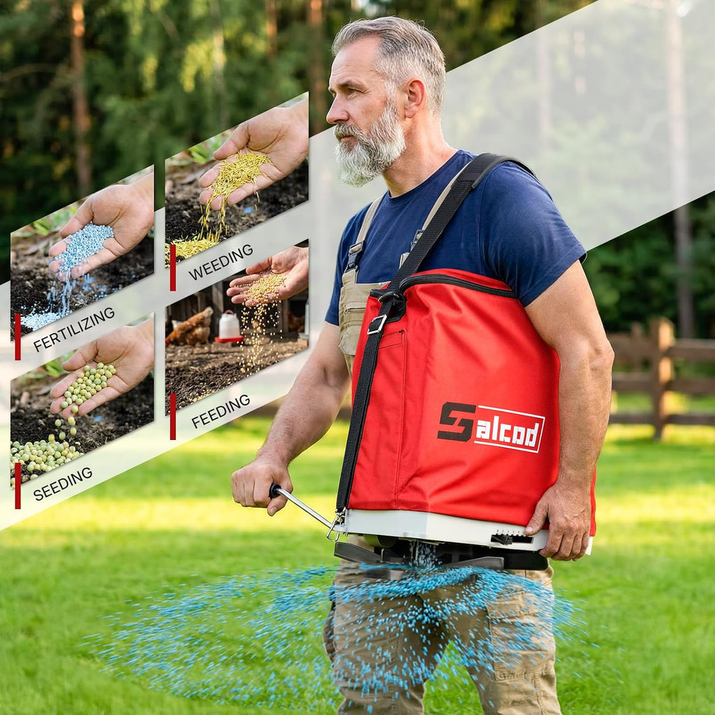 25 lb Bag Seed Spreader, Handheld Broadcast Fertilizer Spreader, Red | Waterproof Bag, Enclosed Gears, Rear Baffle
