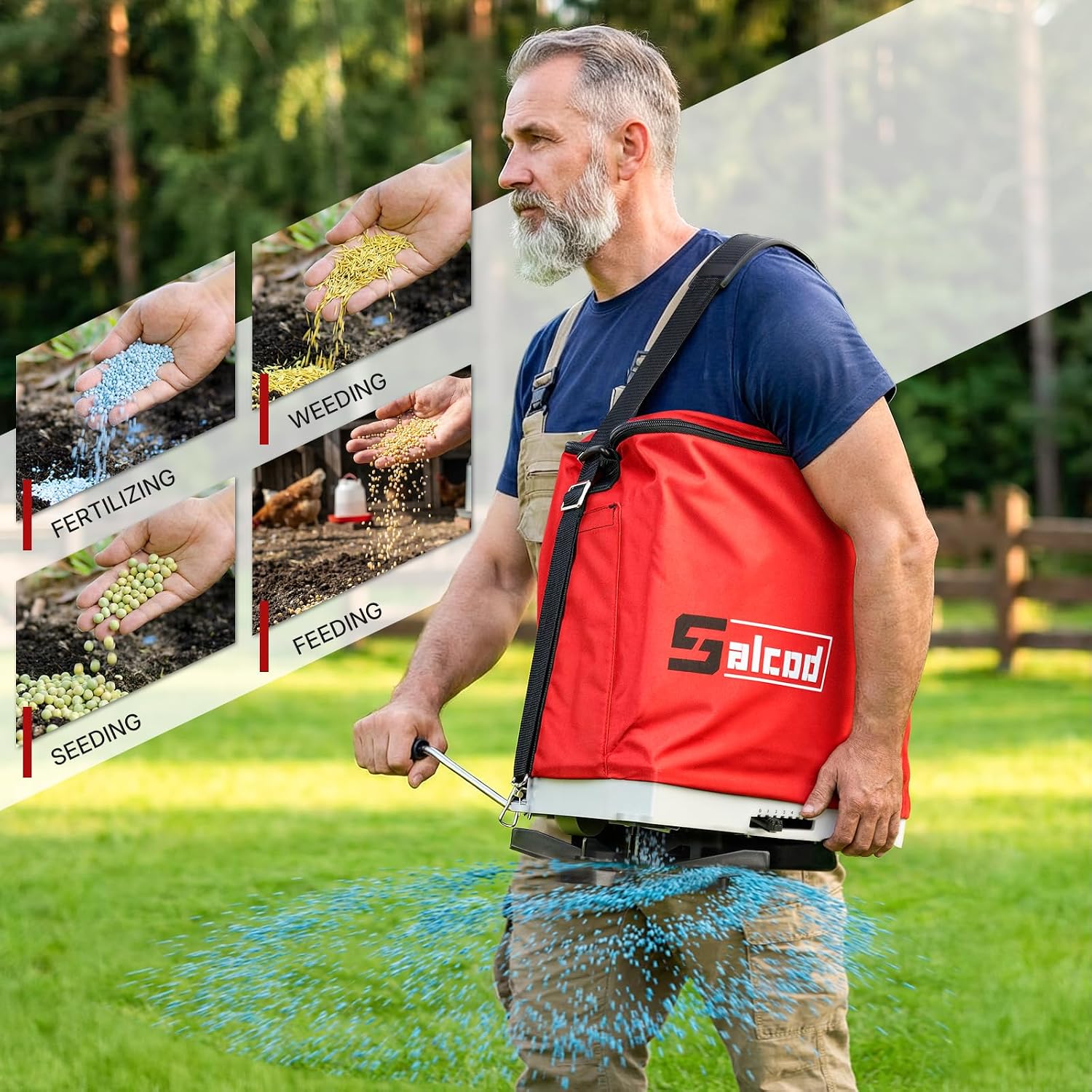 25 lb Bag Seed Spreader, Handheld Broadcast Fertilizer Spreader, Red | Waterproof Bag, Enclosed Gears, Rear Baffle