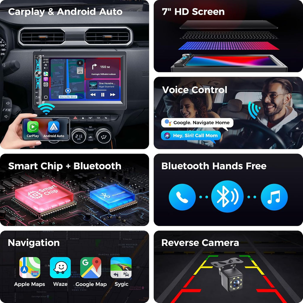 7" Double Din Car Stereo with Wireless Apple Carplay & Android Auto, Bluetooth, 240W, SWC, Subwoofer Out, Mirror