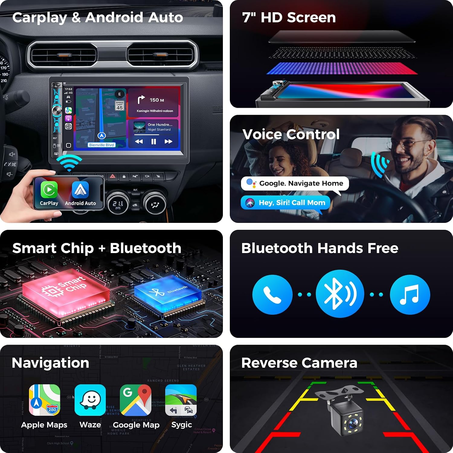 7" Double Din Car Stereo with Wireless Apple Carplay & Android Auto, Bluetooth, 240W, SWC, Subwoofer Out, Mirror