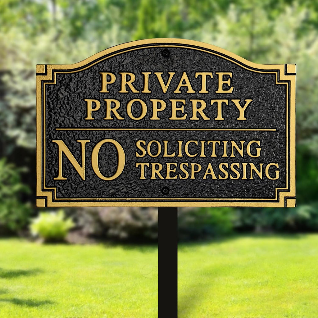 Private Property No Soliciting No Trespassing Cast Metal Yard Sign | Heavy Duty 11.5" × 7.5" Statement Plaque with