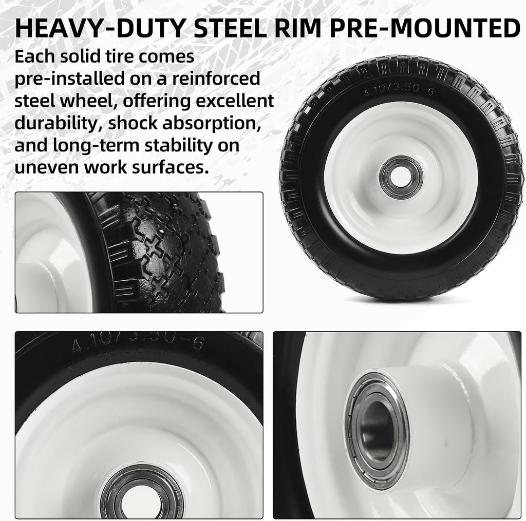 (2-Pack) 12" Flat-Free Solid Tire and Wheel, with 3-3/4" Centered Hub & 1" Bore, Fits 25mm Axle Shaft, Replacement