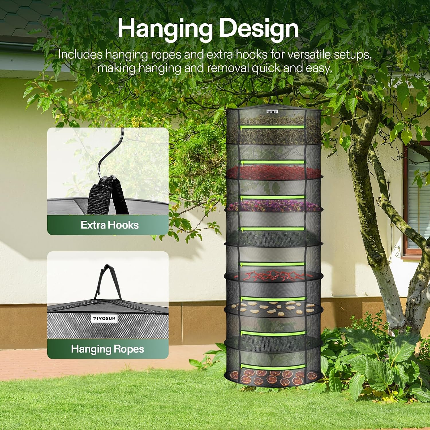 8-Layer Mesh Drying Rack Hanging Design with Green Zippers for Dehydrating, Indoor and Outdoor Pruning Shears Included