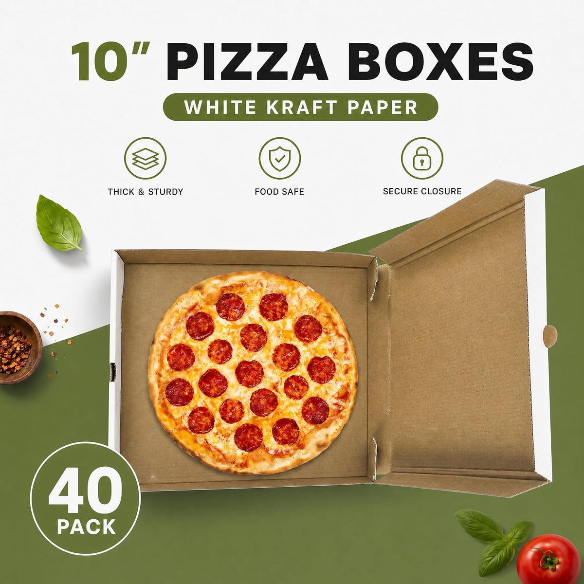 40 Pack Pizza Box 10"×10", White Pizza Box, Grease-Resistant Corrugated Pizza Boxes, Take Out Food Containers Packing