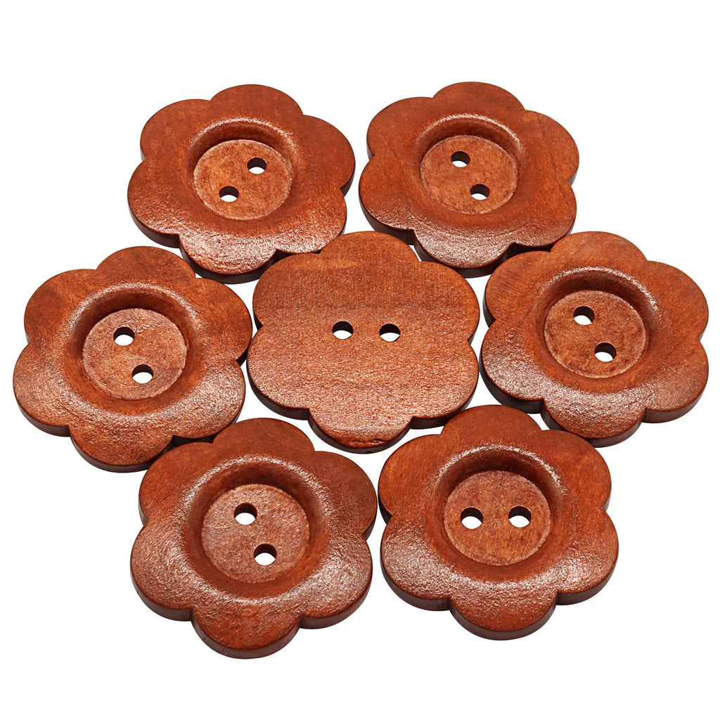 Flower Shape Wooden Buttons, Red Coffee, 20Pcs