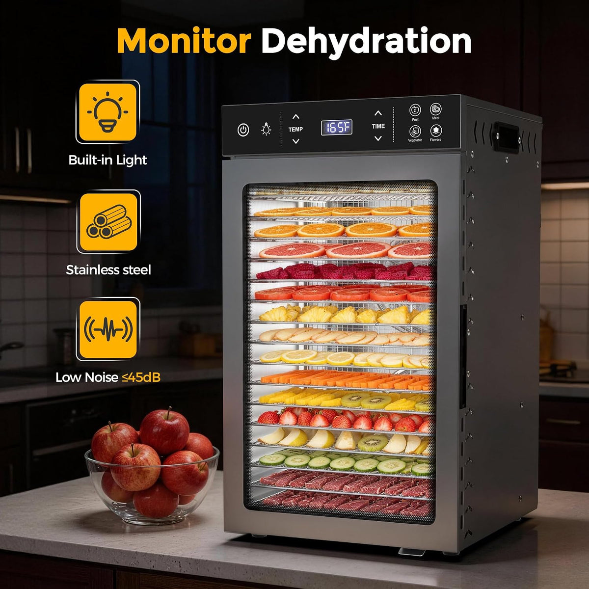 16-Tray Food Dehydrator, Stainless Steel, 4 Presets for Jerky&Fruit