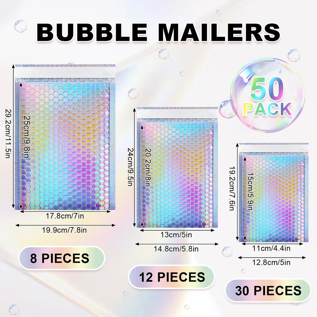 Holographic Bubble Mailers Shipping Bags, 50 Pack, 3 Sizes