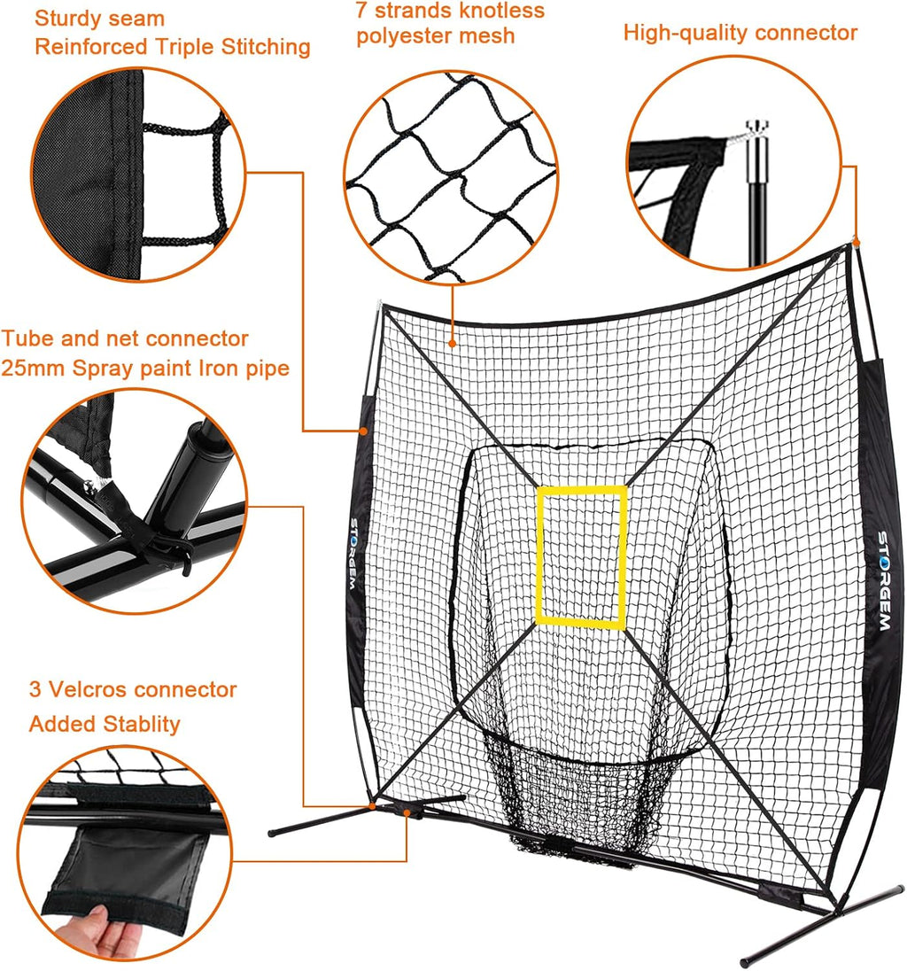7x7 Baseball Softball Net with Tee, Strike Zone & Bow Frame | 7x7 Baseball Pitching Hitting Net with Strike Zone