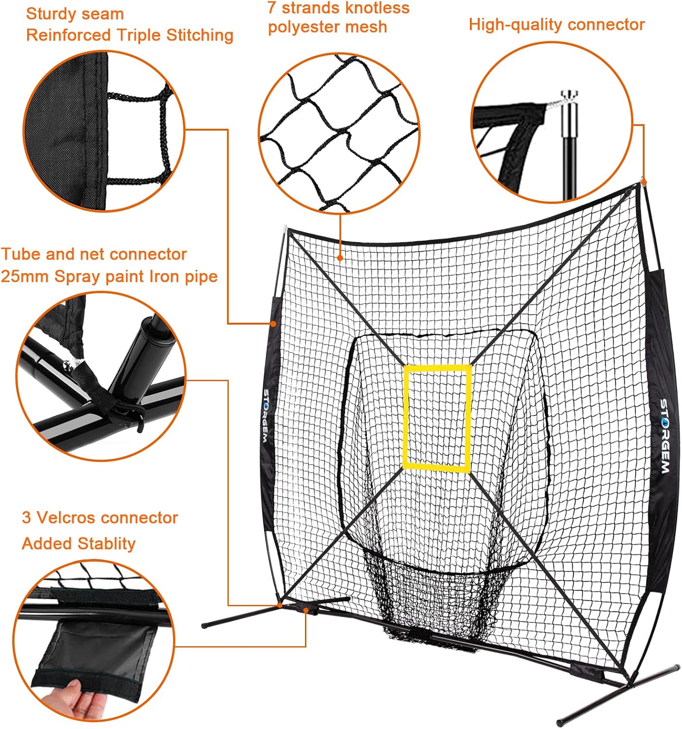 7x7 Baseball Softball Net with Tee, Strike Zone & Bow Frame | 7x7 Baseball Pitching Hitting Net with Strike Zone