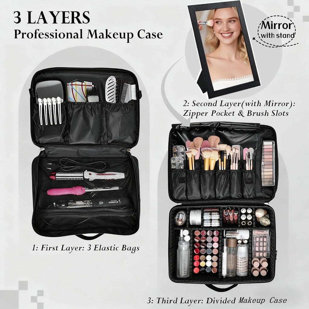 Large Makeup Bag, 3 Layers 17” Makeup Case Organizer with Mirror Professional Cosmetic Storage Backpack Box Travel