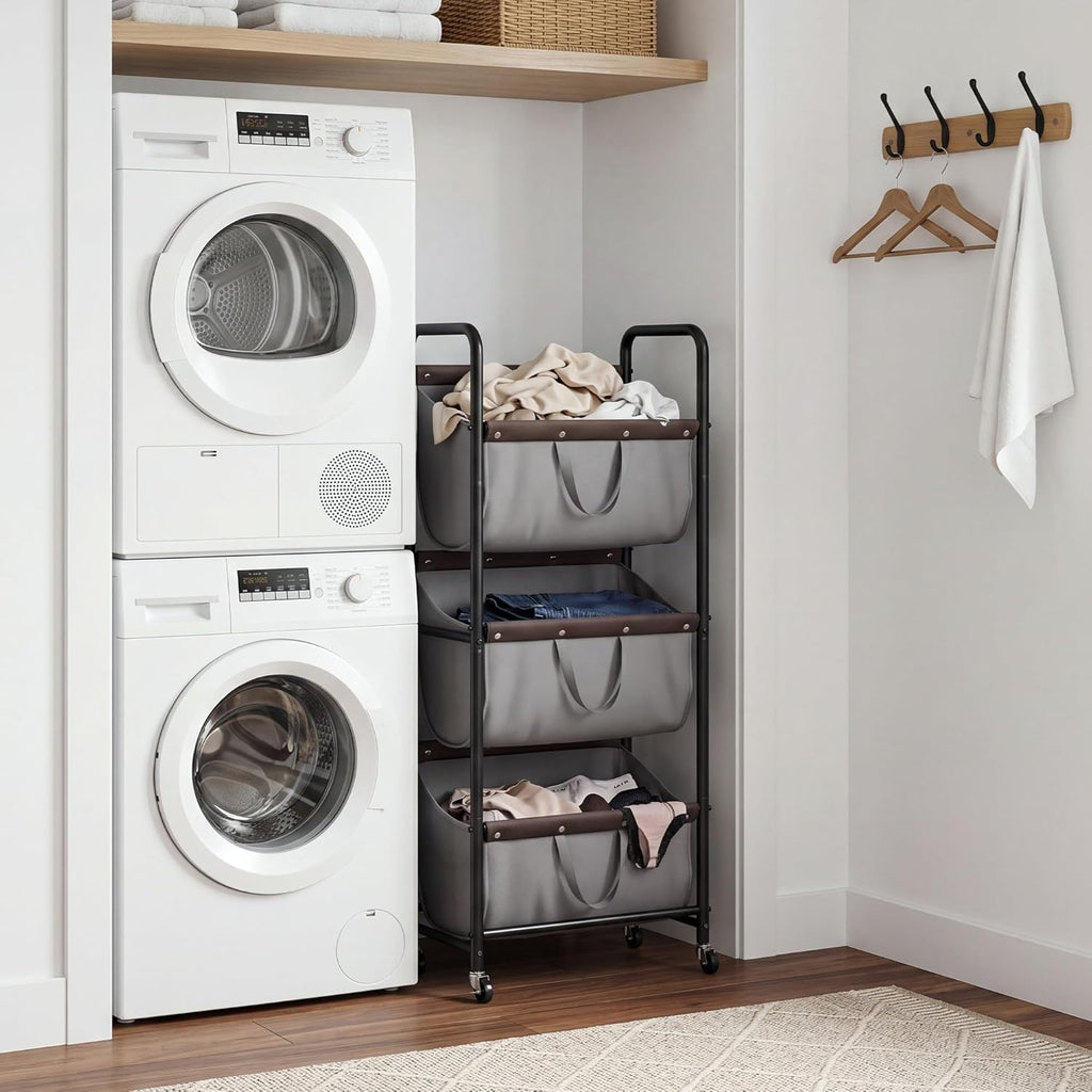 3 Tiered Laundry Sorter, Narrow Hamper Cart with Wheels | Sturdy 3 Section Laundry Basket with Wheels, Vertical Grey