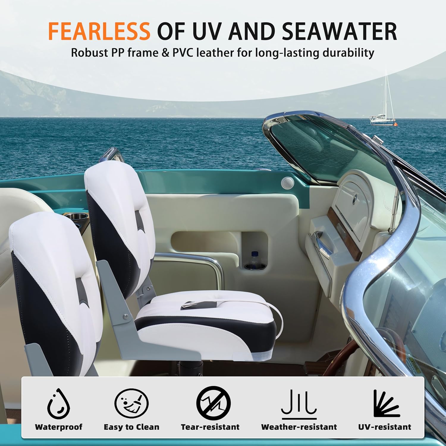Boat Seats 2 Pack, Low Back Folding Fishing Boat Chair, White&Black | Marine Boat Captain Chairs With Thick Cushion