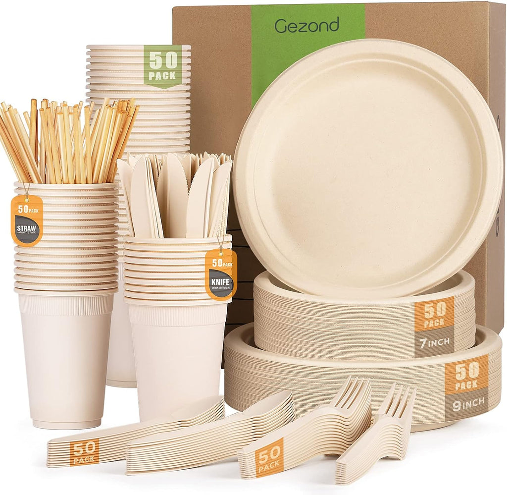 350pcs Compostable Plates Set Heavy-duty Disposable Plates Utensils