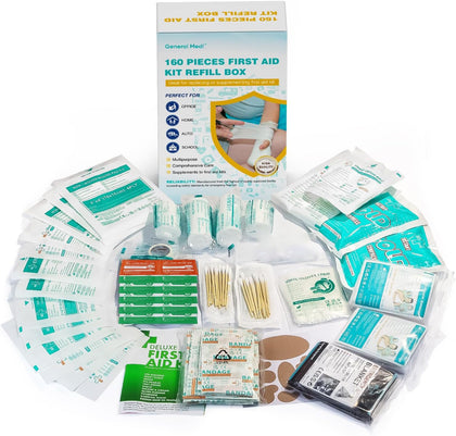 160 Piece First Aid Kit Bag Refill Kit - Includes Instant Cold Pack, Bandages,Emergency Blanket, Moleskin Pad, Gauze