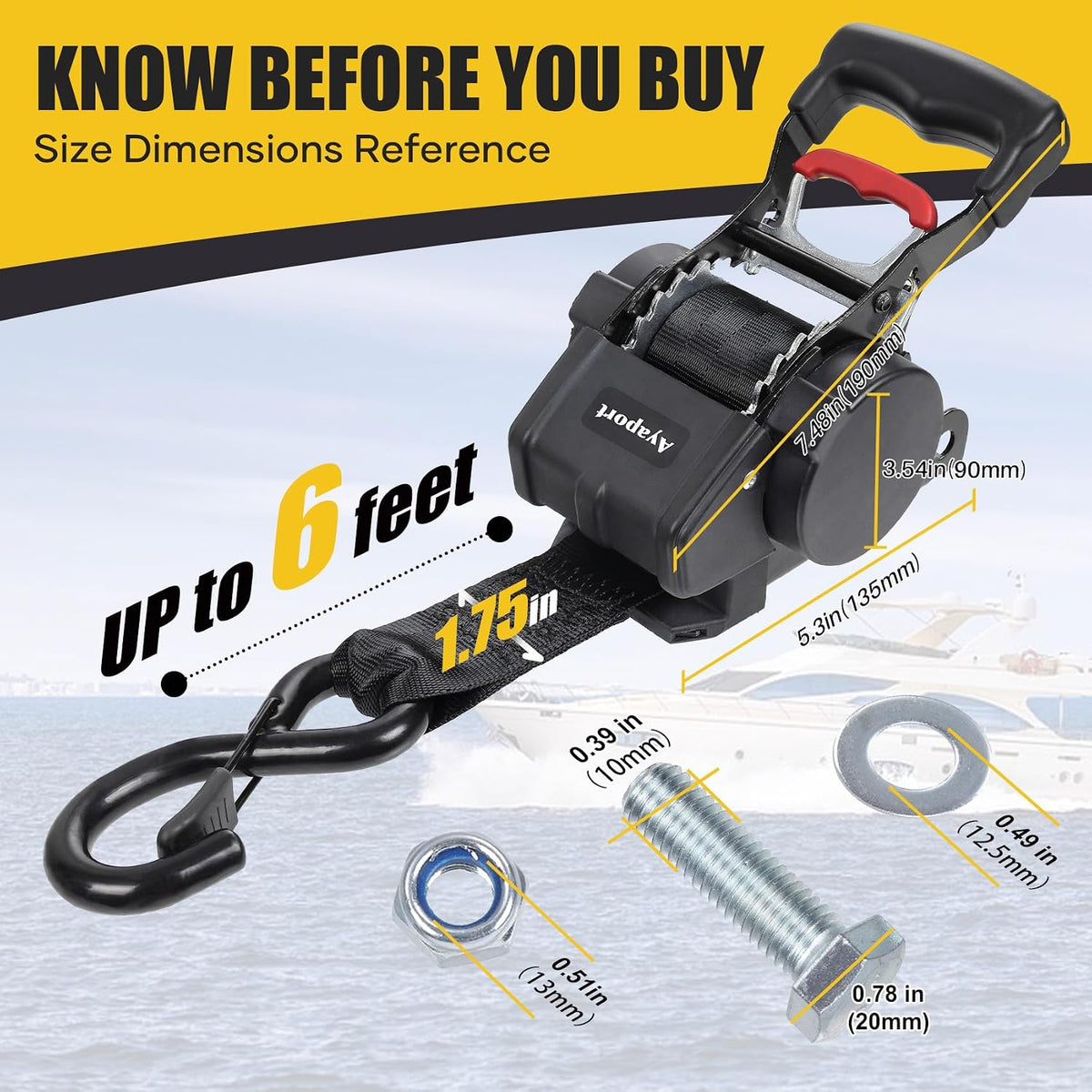 Ayaport Boat Retractable Tie Down Straps to Trailer 1.75in x 6ft