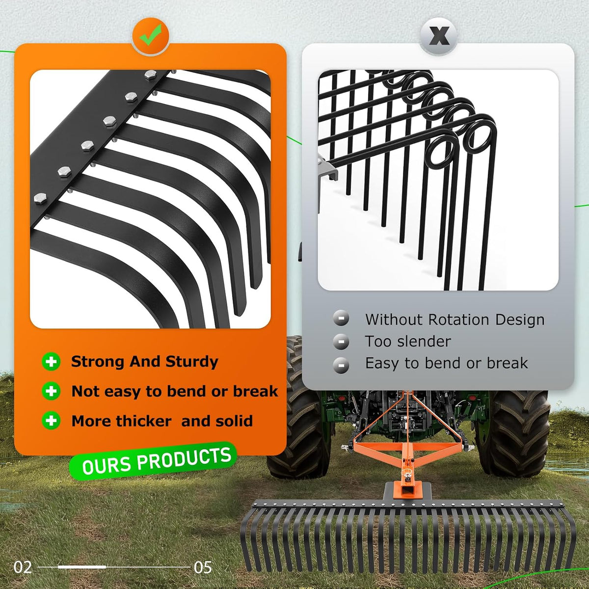 60 in Landscape Rake, 3 Point Rake Compatible with Category-1 Tractor, 360 Degree Rotation Tow-Behind Garden Tool for