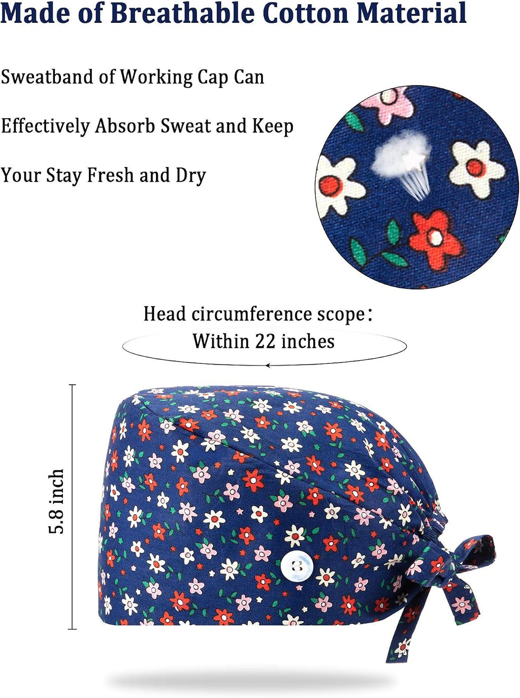 Scrub Caps for Women Nurse Cap Working Surgical Hat with Button Sweatband Adjustable Tie Back Hat for Dentist