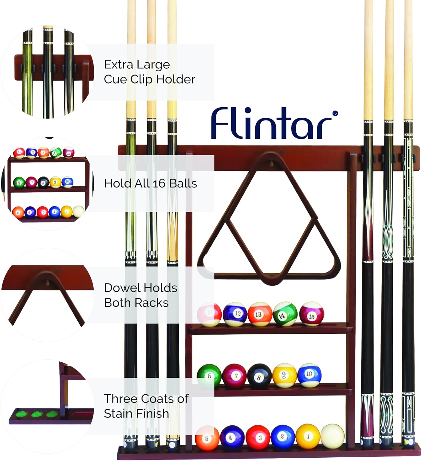 Wall Mount Cue Rack, Billiard Pool Cue Stick holder, Premium Quality Made in TAIWAN, Solid Hardwood, Cue Rack Only