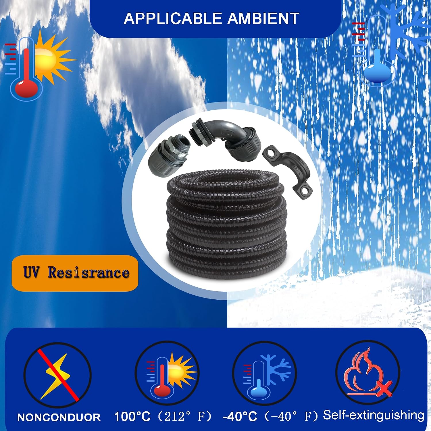 (1/2" Dia * 50 Feet) Yariwiz Black Special Extra Flexible Electrical Conduit Liquid Tight PVC Conduit Kit with 5 PCS